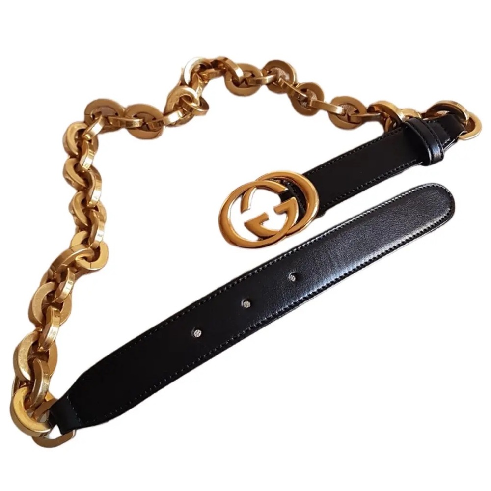 Gucci Black Leather Belt with Gold Chain and Double-G Buckle
